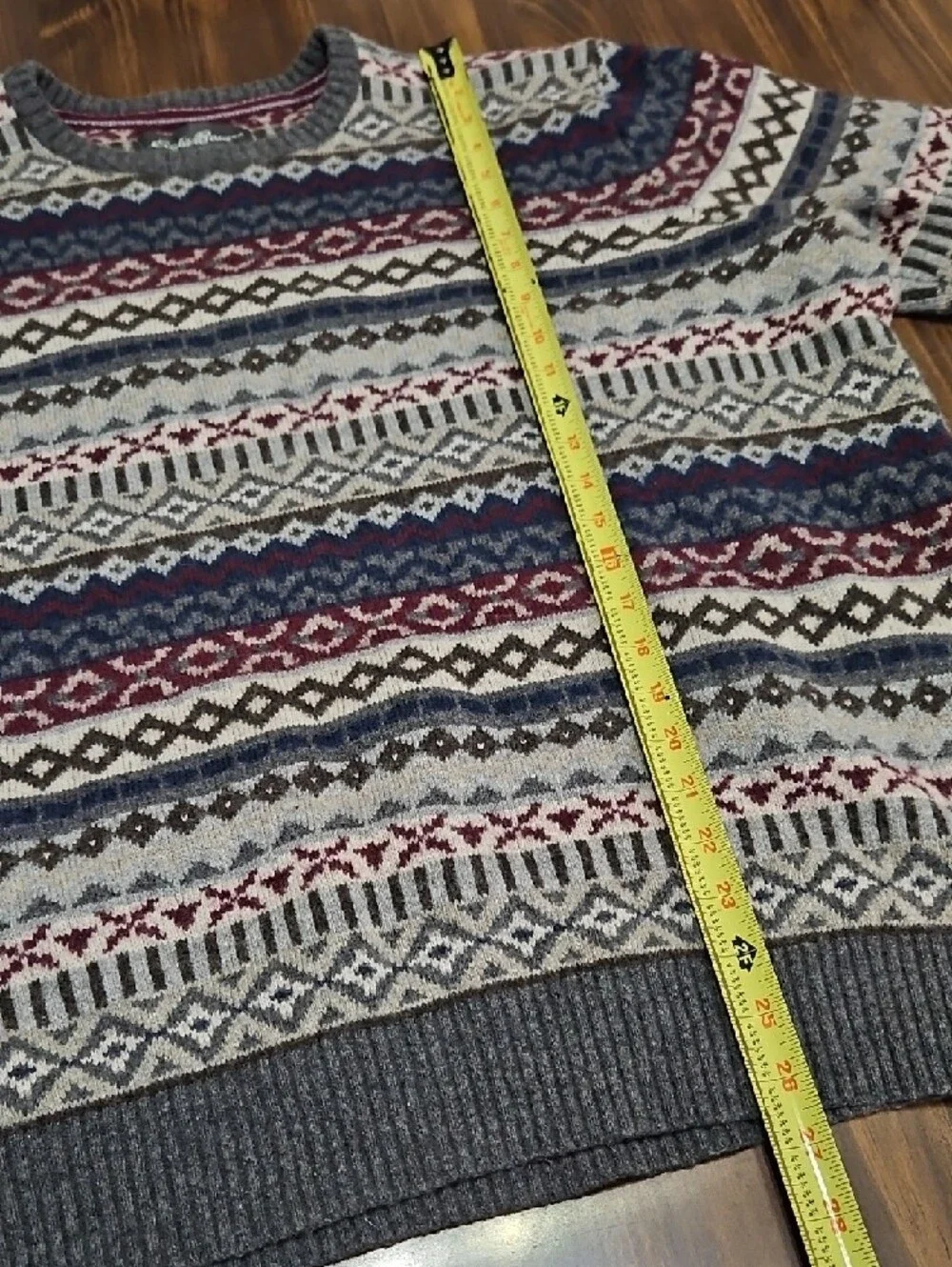 Eddie Bauer Gray Crewneck Sweater with Navy & Burgundy Fair Isle - Picture 3 of 7